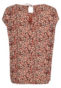 Lyhythihainen paita vaaleanpunaisella ja mustalla abstraktikuviolla, V-pääntiellä ja solmimisyksityiskohdalla takana. Kevyt, rento istuvuus.