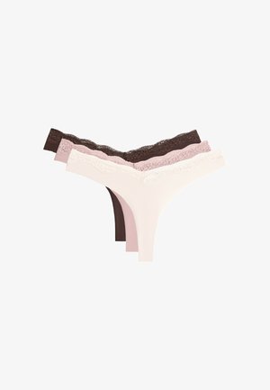 Drei Damen-Dessous-Slips mit Spitzenbesatz in Braun, Staubrosa und Beige, geschichtet und fächerförmig auf weißem Hintergrund angeordnet.
