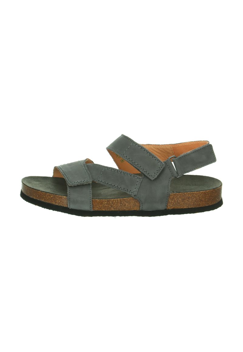 Gray leather sandal with two adjustable straps, cork footbed, and rubber sole, featuring a smooth texture and minimalist design.