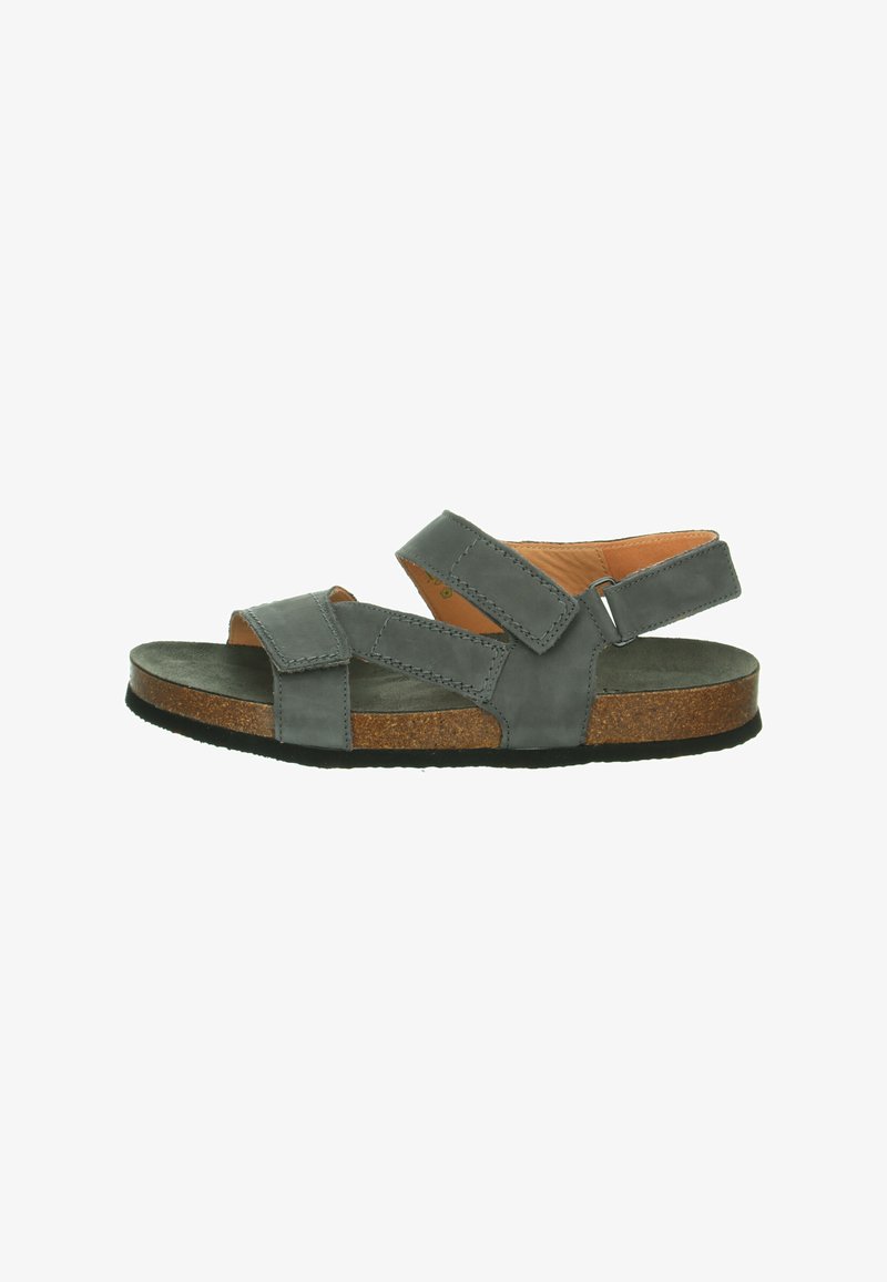 Gray leather sandal with two adjustable straps, cork footbed, and rubber sole, featuring a smooth texture and minimalist design.