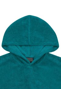 Türkise Kapuzenhandtuch aus strukturiertem Mikrofaserstoff. Es hat einen weiten Ausschnitt und besteht aus weichem, saugfähigem Material mit einer glatten Oberfläche.