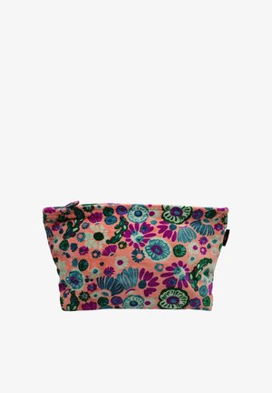 Pochette rectangulaire avec fermeture éclair, recouverte d'un motif floral coloré avec des fleurs roses, violettes, vertes et bleues sur un fond clair.