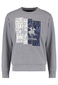 Šedá mikina s kulatým výstřihem, zdobená grafickým potiskem s textem a dvěma hráči polo v bílém a tmavě modrém. Žebrované manžety a lem.