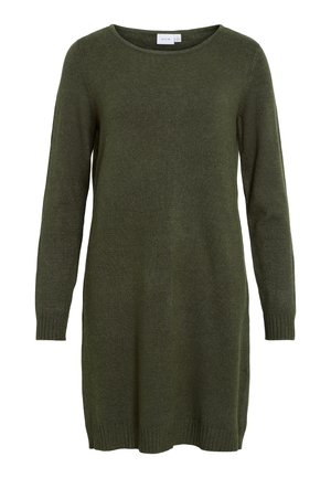 Robe en maille vert foncé, avec un col rond et des manches longues. Les poignets et l'ourlet côtelés offrent un aspect structuré. Texture douce.