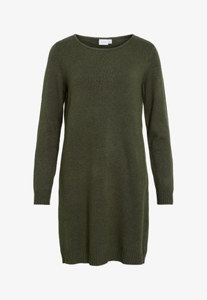 Robe en maille vert foncé, avec un col rond et des manches longues. Les poignets et l'ourlet côtelés offrent un aspect structuré. Texture douce.