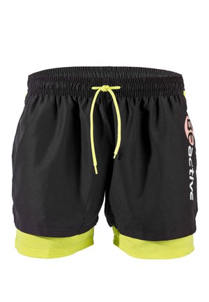 Black swim shorts with a neon yellow drawstring and lower hem. Features logo in white on the side and contrasting neon yellow lining.