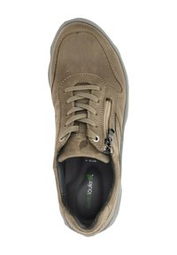 Brown suede sneaker with laces and side zipper. Rounded toe, cushioned insole, and gray rubber sole with a textured finish.