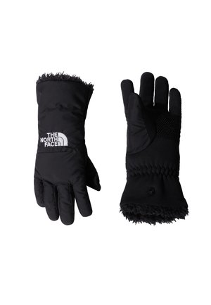 Black insulated gloves feature a textured grip on the palm, soft fur lining at the cuff, and a logo on the upper side. Design allows for flexibility.