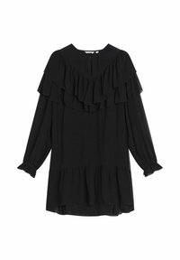 Czarna sukienka z długimi rękawami, z warstwami falbanek przy dekolcie i u dołu. Miękka tkanina o luźnym kroju i marszczonych mankietach.