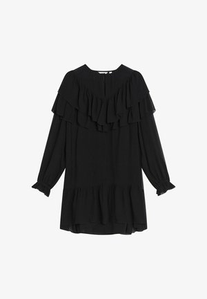 Zwarte jurk met lange mouwen, voorzien van gelaagde ruches langs de halslijn en de zoom. Zacht stof met een losse pasvorm en geplooide manchetten.