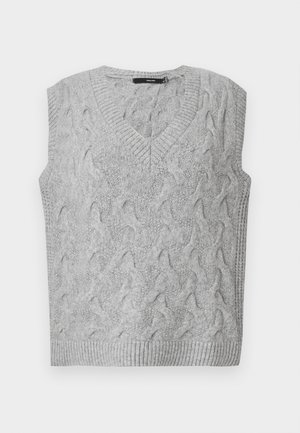 Gray knitted vest with a V-neck and no sleeves. Features a textured cable pattern and ribbed edges. Material appears soft and cozy.