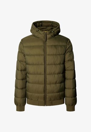 Olijfgroene pufferjack met een afneembare capuchon, horizontaal gestikt patroon, ritssluiting aan de voorkant en ribgebreide manchetten en onderrand. Lichtgewicht materiaal.