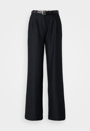 Black wide-leg trousers made from smooth fabric, featuring front pleats and a matching black belt with a silver buckle.