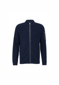 Marineblaues Zip-Jackett mit hohem Kragen, ausgestattet mit geripptem Textil auf den Schultern und einer Reißverschlusstasche am Ärmel. Weicher Stoff, figurbetontes Design.