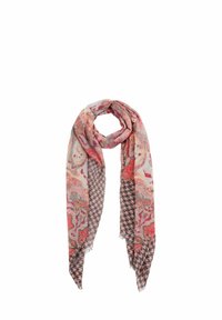 Long lightweight scarf with pink, red, and beige abstract and houndstooth patterns, loosely looped with fringed edges.
