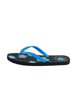 Sort flip-flop med blå stropper, dekoreret med farverige blomsterprint og printet tekst langs siden.
