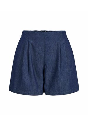 Short en jean bleu foncé taille haute avec plis à l'avant, jambes larges et taille élastique à l'arrière.