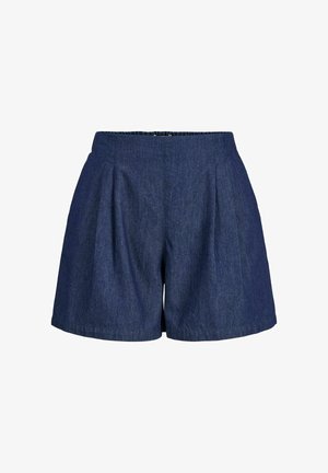 Short en jean bleu foncé taille haute avec plis à l'avant, jambes larges et taille élastique à l'arrière.