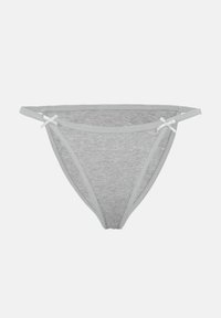 Γυναικεία εσώρουχα μπικίνι σε ανοιχτό γκρι χρώμα με λεπτές ελαστικές πλαϊνές λωρίδες και μικρά διακοσμητικά φιόγκους σε κάθε γοφό.