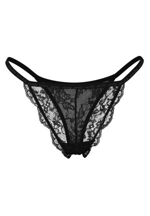 Black lace thong with a scalloped edge, featuring a decorative waistband with brand name. Transparent texture enhances intricate floral patterns.