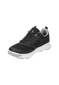 Schwarze Sportschuhe mit einem atmungsaktiven Mesh-Obermaterial, Schnürdesign und einer weißen Sohle mit einem grauen Akzent an der Unterseite.