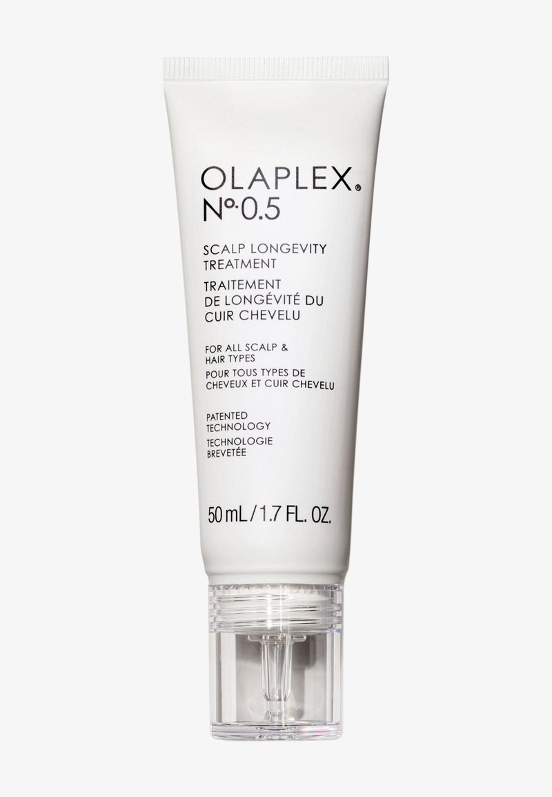 Olaplex No. 0.5 Scalp Longevity Treatment in een witte tube van 50 mL met zwarte tekst, een duidelijke dispenseertip en een pomp-applicator.
