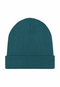 Cappello berretto lavorato a maglia color verde acqua con risvolto. Il tessuto è morbido con una texture a coste e una cima senza cuciture.