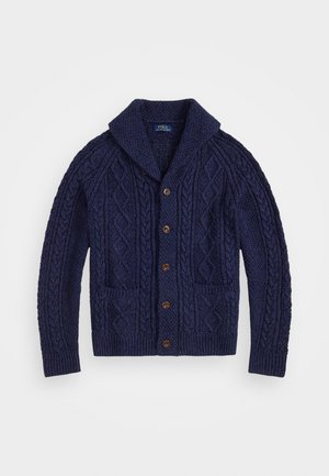 Pulover cardigan tricotat cu fir de culoare bleu marin, cu guler tip șal, închidere cu nasturi, două buzunare frontale și modele texturate de tricotare pe întreaga suprafață.