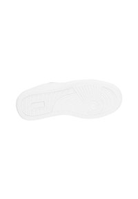 Suola di sneaker bianca con modelli di grip testurizzati, dettagli circolari e lineari, realizzata in gomma per durata e trazione.