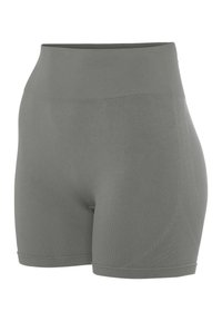 Hoge taille, strakke shorts in een gemutadigde grijs kleur, gemaakt van een glad, rekbaar materiaal met subtiele textuurpatronen en zonder zichtbare hardware.