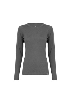 Langærmet top i mørkegrå, lavet af blødt stof. Har rund halsudskæring, tætsiddende design og et lille logotag nederst.