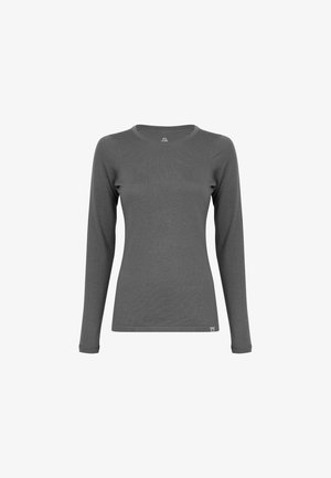 Langærmet top i mørkegrå, lavet af blødt stof. Har rund halsudskæring, tætsiddende design og et lille logotag nederst.