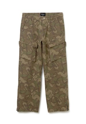 Cargo-Hose im Tarnmuster, ausgestattet mit zwei großen Seitentaschen, strapazierfähigem Stoff, lockerer Passform und verstärkten Nähten. Die Farben umfassen Olivgrün und Beige.