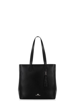 Sac fourre-tout en cuir noir avec une surface texturée, deux longues poignées et un pompon décoratif. Présente un logo au centre en bas.