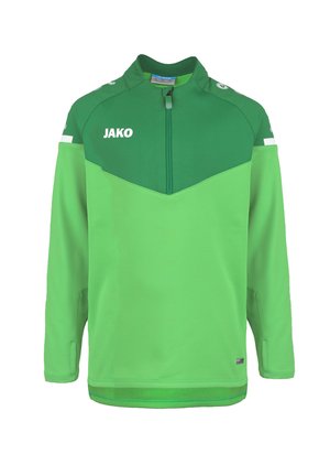 Groene sportpullover van synthetische stof, met een kwart rits, lange mouwen en een bicolor ontwerp met een chevronpatroon.
