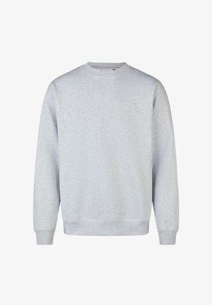 Light grey sweatshirt in soft cotton material, featuring a crew neck, long sleeves, and ribbed cuffs and hem. Minimalist design, no patterns.