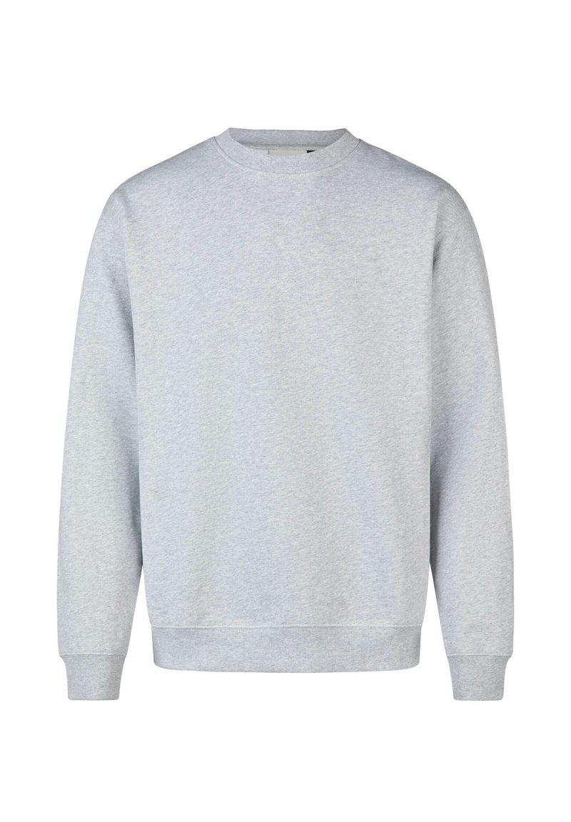 Light grey sweatshirt in soft cotton material, featuring a crew neck, long sleeves, and ribbed cuffs and hem. Minimalist design, no patterns.
