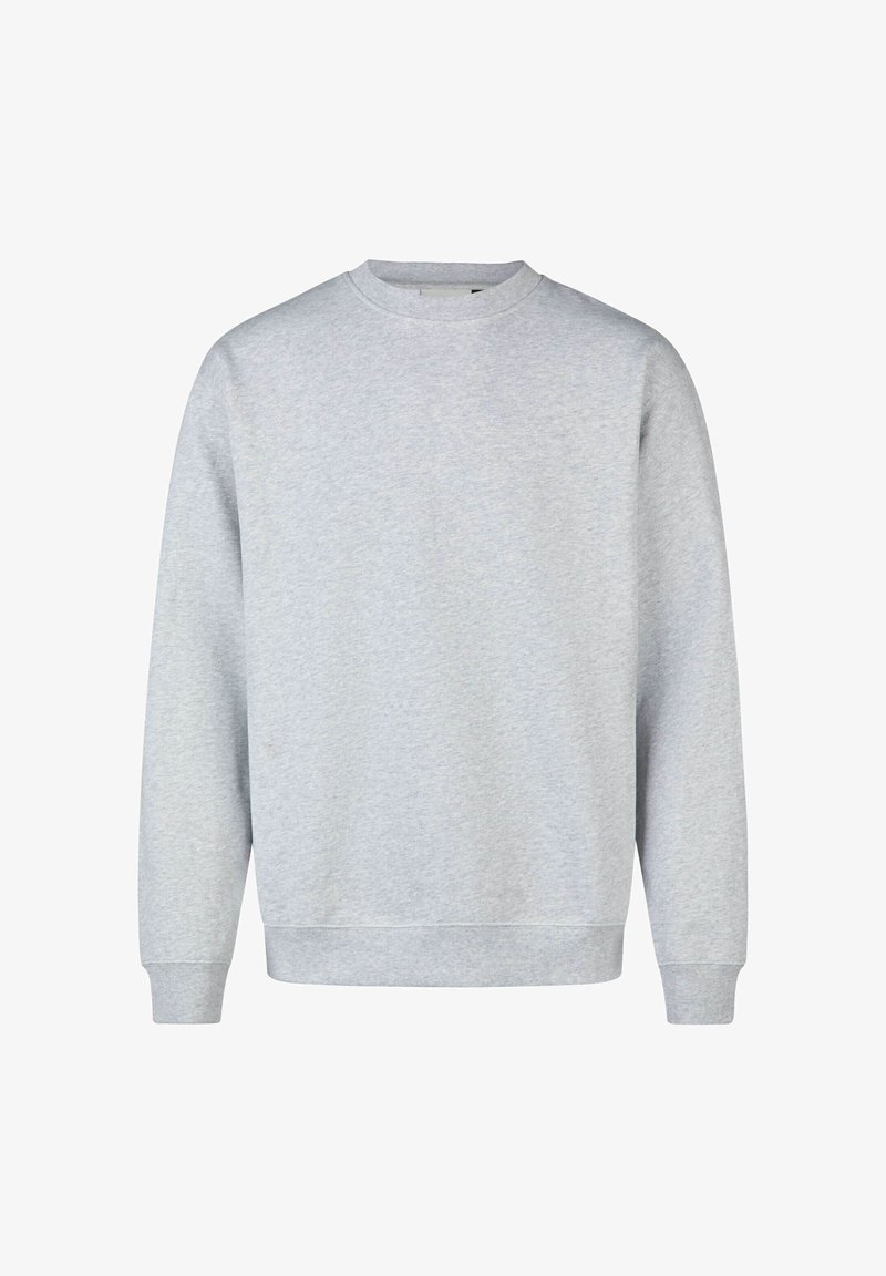 Light grey sweatshirt in soft cotton material, featuring a crew neck, long sleeves, and ribbed cuffs and hem. Minimalist design, no patterns.