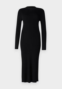 Abito midi nero a costine con maniche lunghe, scollatura rotonda e spacco laterale. Realizzato in tessuto a maglia testurizzato, silhouette aderente.