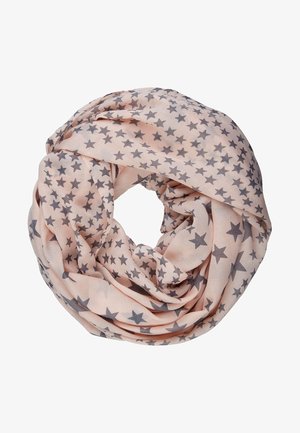 Écharpe tube rose clair avec un motif d'étoiles grises, enroulée lâchement en forme circulaire sur un fond blanc.