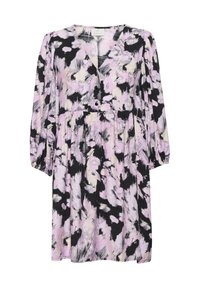 Blumenkleid mit V-Ausschnitt, langen Ärmeln und lockerer Passform. Die Farben umfassen Schwarz, Lavendel und Creme mit einem abstrakten Muster.