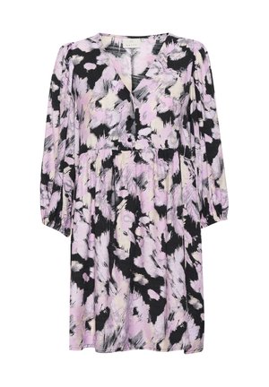 Blomsterkjole med V-udskæring, lange ærmer og en afslappet pasform. Farverne inkluderer sort, lavendel og kremet med et abstrakt mønster.