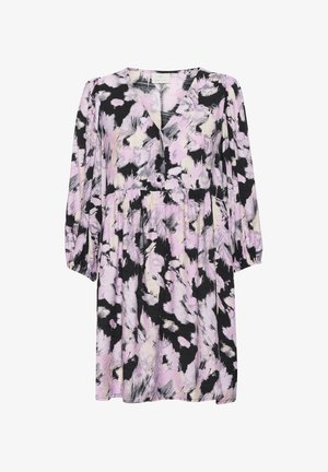 Blomsterkjole med V-udskæring, lange ærmer og en afslappet pasform. Farverne inkluderer sort, lavendel og kremet med et abstrakt mønster.