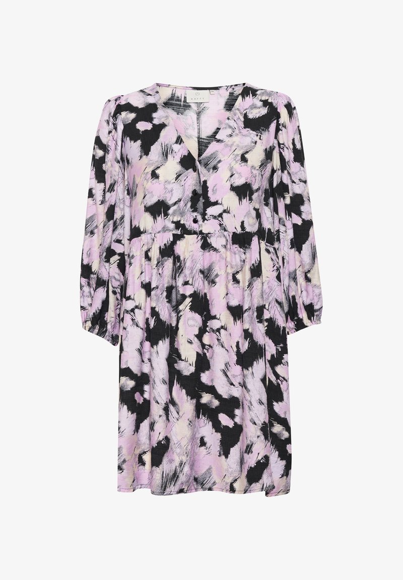 Blomsterkjole med V-udskæring, lange ærmer og en afslappet pasform. Farverne inkluderer sort, lavendel og kremet med et abstrakt mønster.
