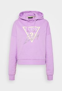 Felpa viola realizzata in tessuto morbido, con cappuccio regolabile, design cropped e testo "ICON" impreziosito da strass sul davanti.