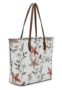 Sac fourre-tout floral avec une surface blanche texturée, orné de fleurs vertes et roses, de poignées en faux cuir marron et de détails en métal argenté.