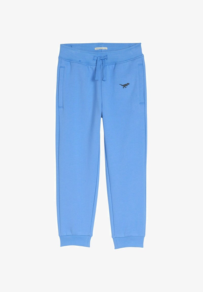 Gaiši zilas jogger bikses, izgatavotas no mīksta materiāla, ar elastīgu jostu un auklu, sānu kabatām un mazu melnu logo.