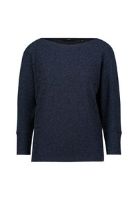 Marineblauer Pullover aus strukturiertem Stoff mit weitem Ausschnitt und Dreiviertelärmeln. Hat eine lockere Passform und ein minimalistisches Design.