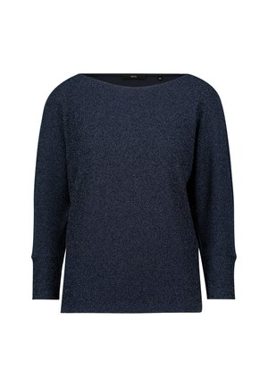 Marinblauwe trui van een gestructureerde stof met een wijde halslijn en driekwartmouwen. Heeft een relaxte pasvorm en een minimalistisch ontwerp.