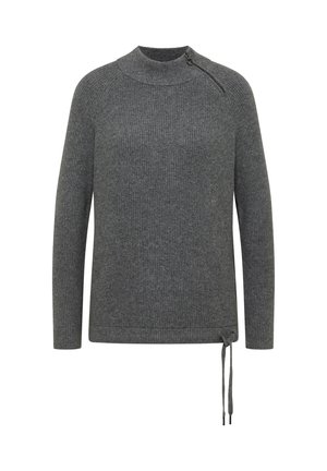 Ciemnoszary sweter z prążkowanego materiału, z długimi rękawami, wysokim dekoltem, ukośnym zamkiem błyskawicznym na ramieniu oraz regulowanym sznurkiem u dołu.